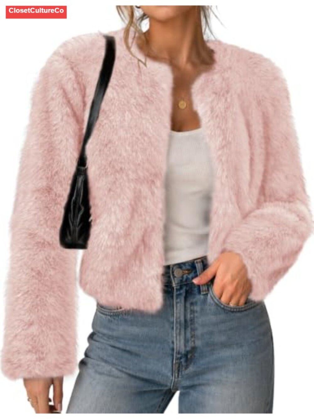 LOMON Women's Cropped Faux Fur Coat Long Sleeve Open Front Cardigan
